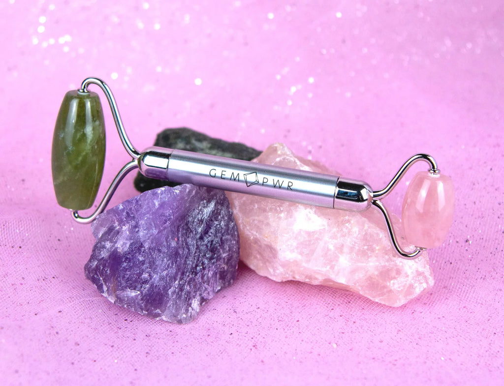 GEM PWR Rose Quartz + Jade Face Roller, Dual Head 2-in-1 with Travel Bag and Strong Steel Handle