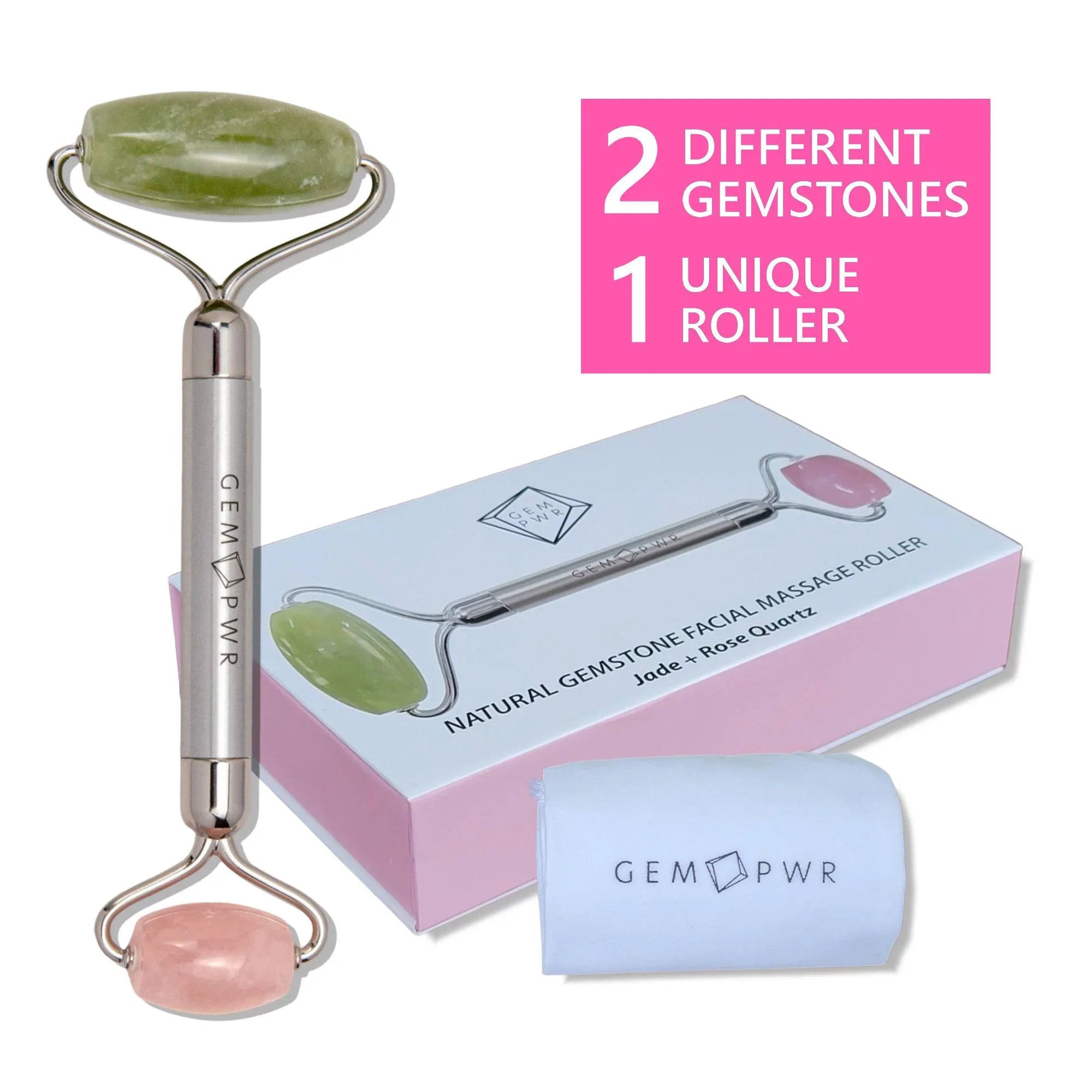 GEM PWR Rose Quartz + Jade Face Roller, Dual Head 2-in-1 with Travel Bag and Strong Steel Handle