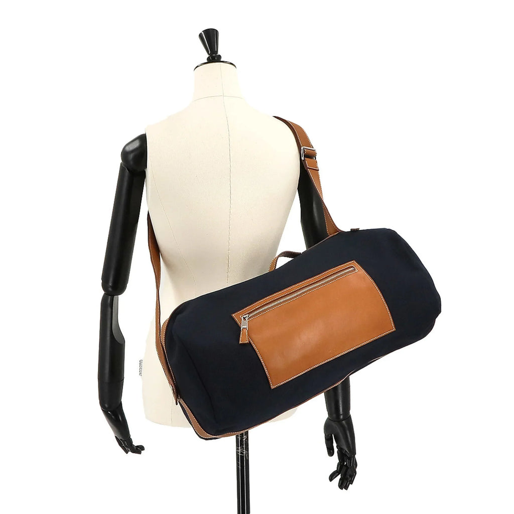 Pre-Owned Hermes Odyssey Tail Duffel Bag 2way Hand Shoulder Gauland Canvas Spudkidskin Blue Marine Gold (Like New)