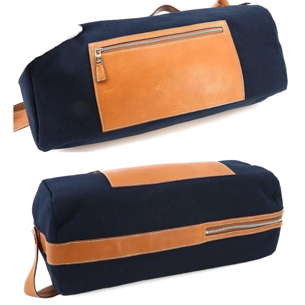 Pre-Owned Hermes Odyssey Tail Duffel Bag 2way Hand Shoulder Gauland Canvas Spudkidskin Blue Marine Gold (Like New)