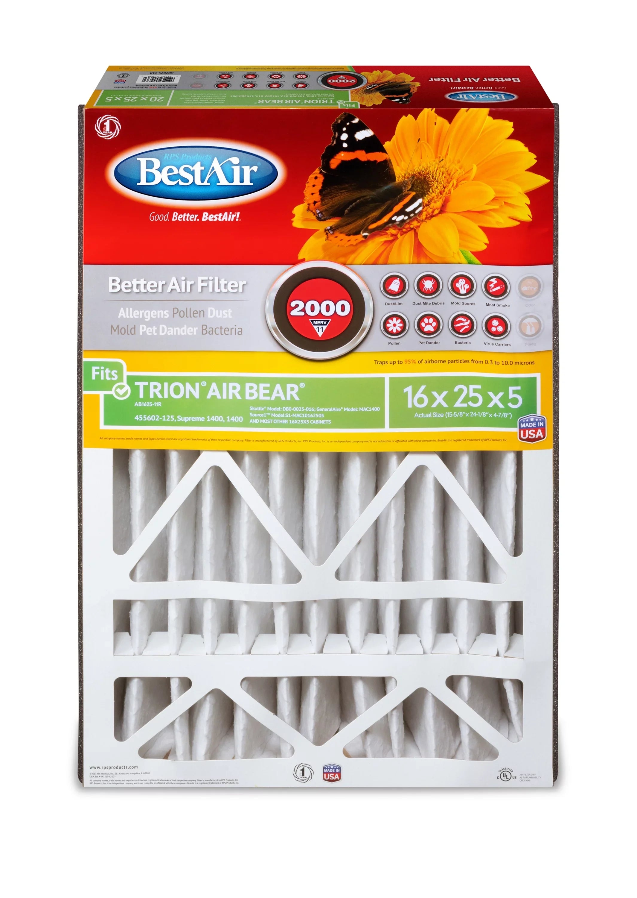 BestAir AB1625-11R Trion/AirBear 16x25x5 Series 2000 MERV 11 Furnace Filter