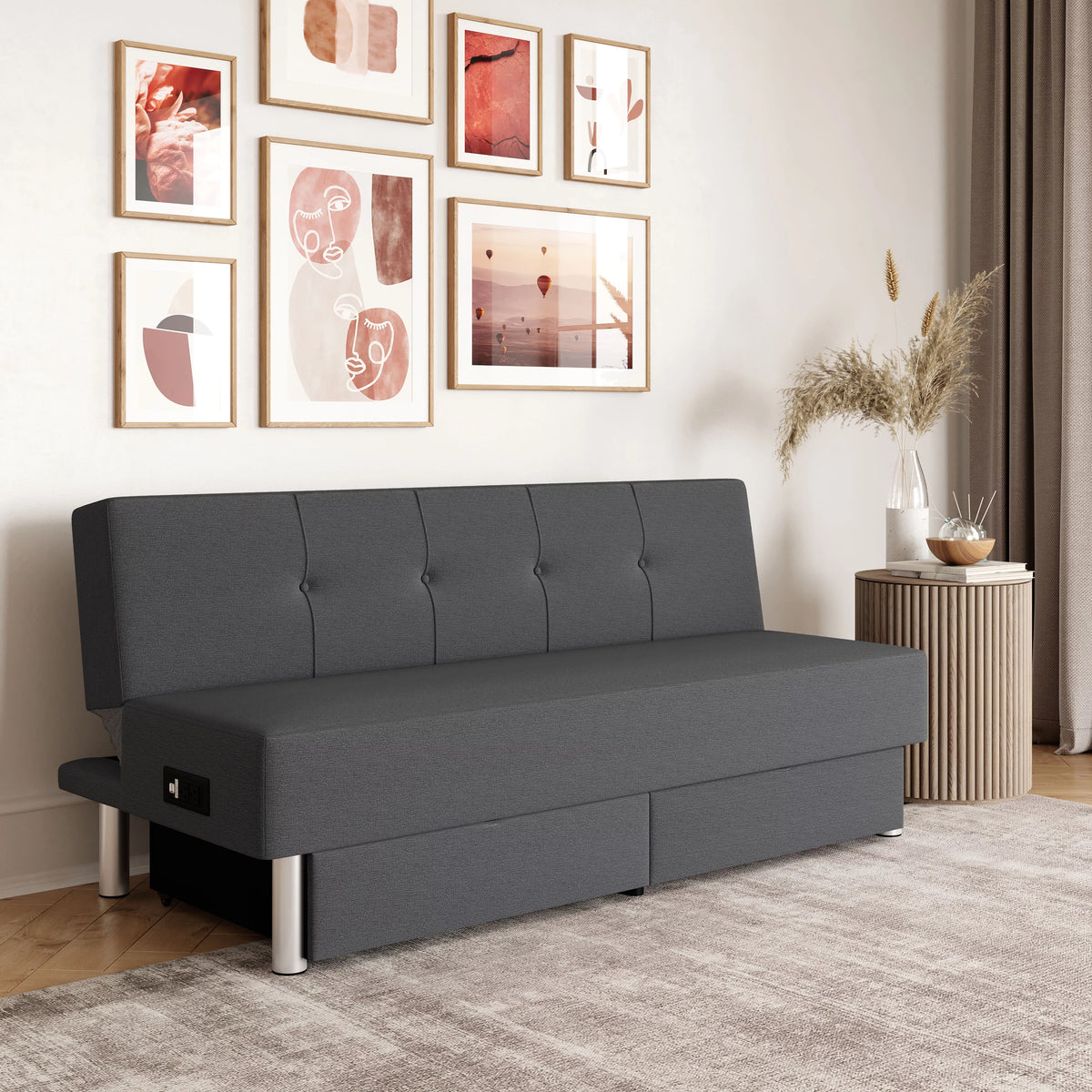 Serta Windsor Futon with Storage and Power, Gray Fabric